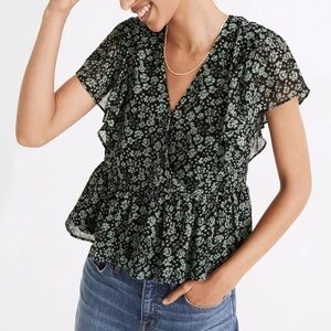 Madewell Georgette Ruffle-Sleeve Peplum Top in Green Black Fleur Field Size M
